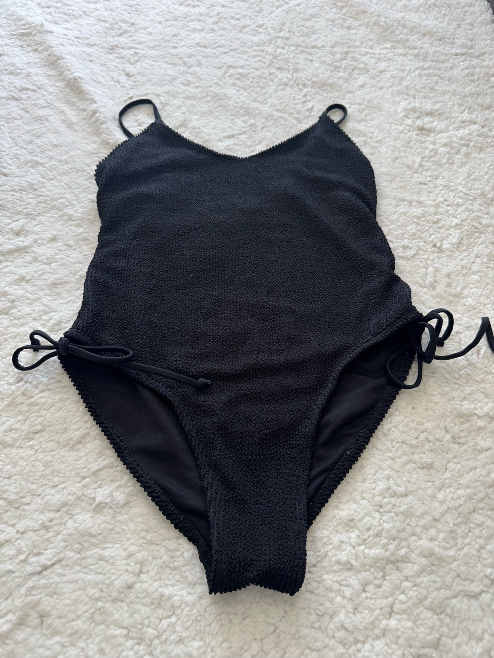 Textured Black One-Piece Swimsuit with Side Tie Details